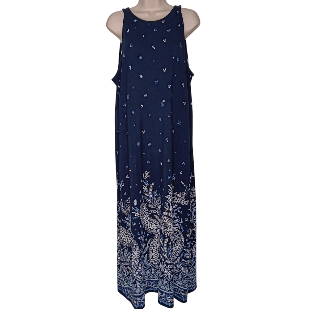 J.JILL Maxi Dress Womens Size Large Blue & White Floral & Paisley Print Pockets!